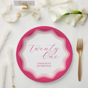 Curly Wavy Pink Retro 21st Birthday Sticker Paper Plate