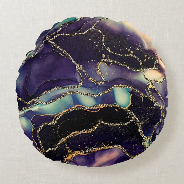 Currents of translucent hues, snaking metallic swi round cushion (Front)