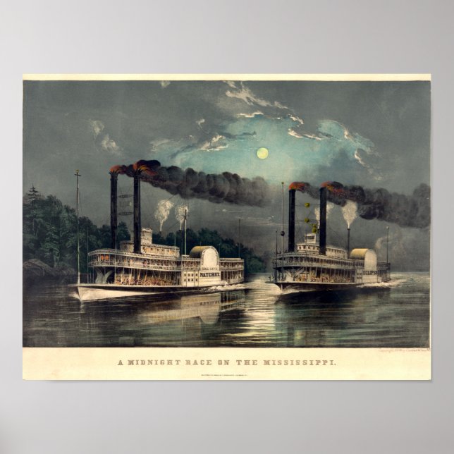 Currier & Ives, 1890, A midnight steamboat race on Poster (Front)