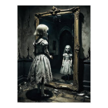 Cursed doll in horror mirror atmosphere