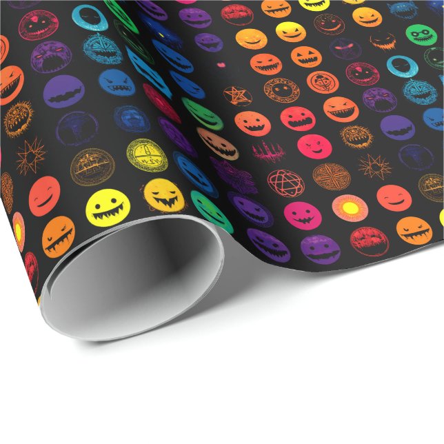 Cursed Emoji Chaos - Neon Horror Faces Wrapping Paper (Roll Corner)