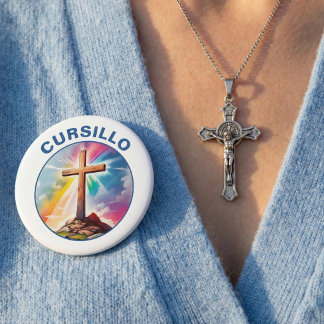 Cursillo Wood Cross With Rainbow and Clouds 10 Cm Round Badge