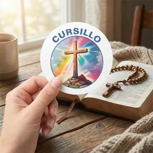 Cursillo Wood Cross With Rainbow and Clouds Classic Round Sticker