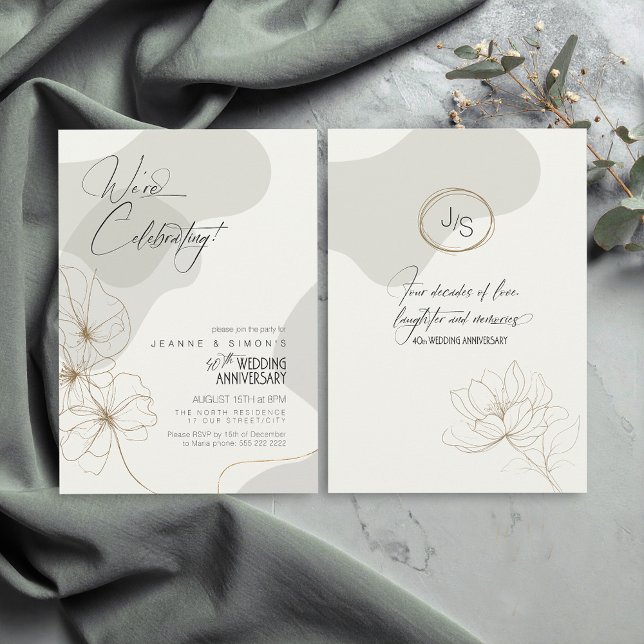 Cursive Floral 40th Anniversary Neutrals ID1168 Invitation (Creator Uploaded)