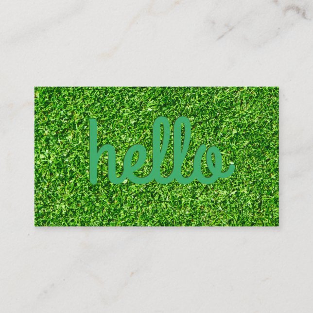 Cursive Hello | Grass Background Business Card (Front)