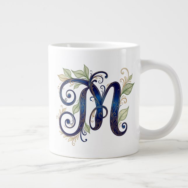 Cursive M – Elegant Blue & Gold Monogram Large Coffee Mug (Right)