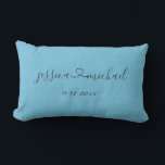 Cursive Script Heart Names Wedding Date Sky Blue Lumbar Cushion<br><div class="desc">Beautiful personalised sky blue wedding gift pillow. Cursive script names connected with a heart and a date. Personalise by replacing the sample names Jessica and Michael and sample date with custom names and a date that is significant for the couple. Celebrate couple's love with this beautiful personalised pillow. Sky blue...</div>