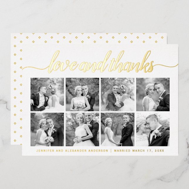 Cursive script Thank You eight photo collage gold Foil Holiday Card (Front/Back)