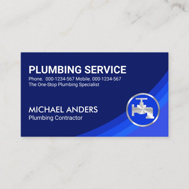 Curved Blue Plumbing Waters Business Card (Front)