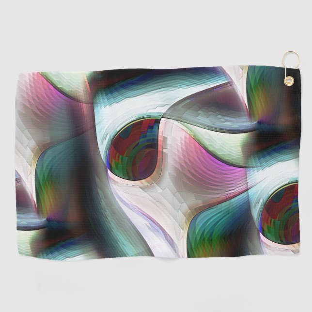 Curved chequerboard shapes in almost chrome colour golf towel (Horizontal)