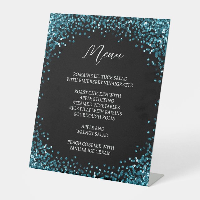 Curved Dark Teal Glitter Black Menu Pedestal Sign (Front)