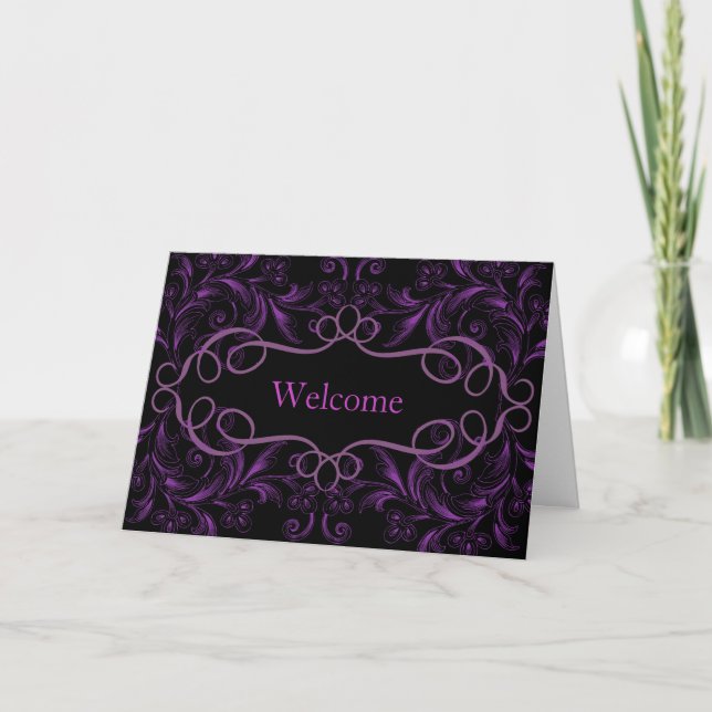 Curved Flowers Purple Background Welcome Thank You Card (Front)