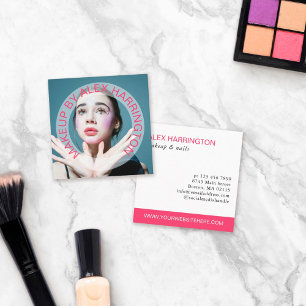 Curved Hot Pink Text Photo Makeup By Square Business Card