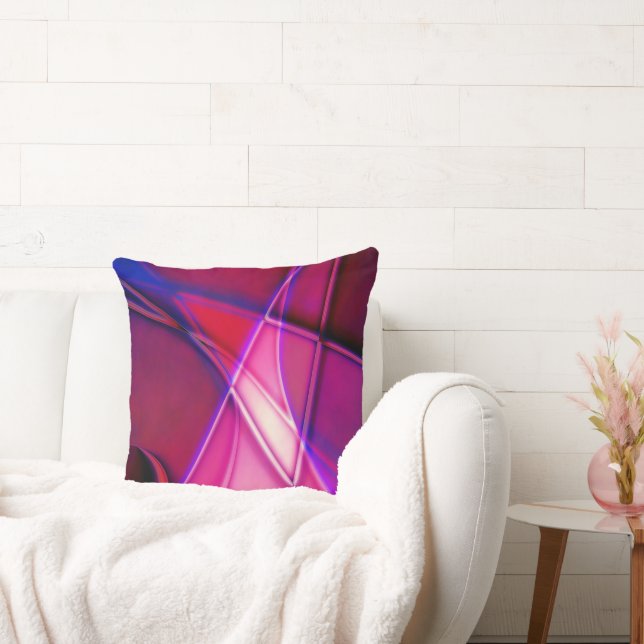 Curved lines and slanted squares in neon red pink  cushion (Couch)