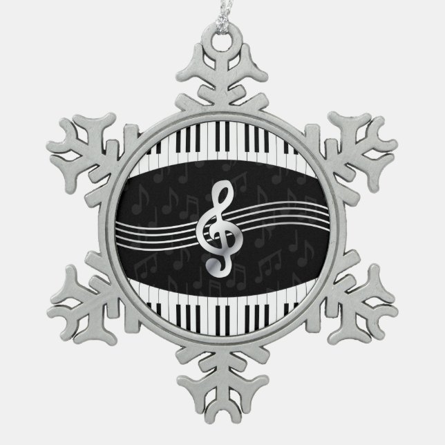 Curved Piano keys and treble clef Snowflake Pewter Christmas Ornament (Front)