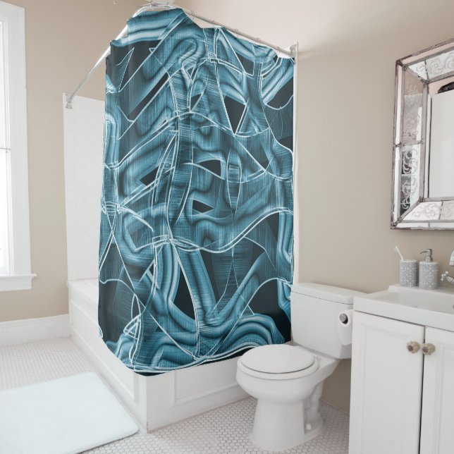 Curved ribbons, blue neon with relief and overlap shower curtain (In Situ)