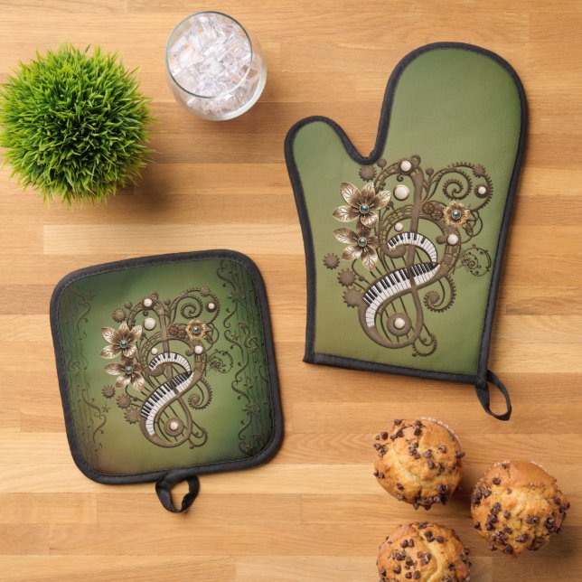Curved steampunk piano keyboard. oven mitt & pot holder set (Top Down)