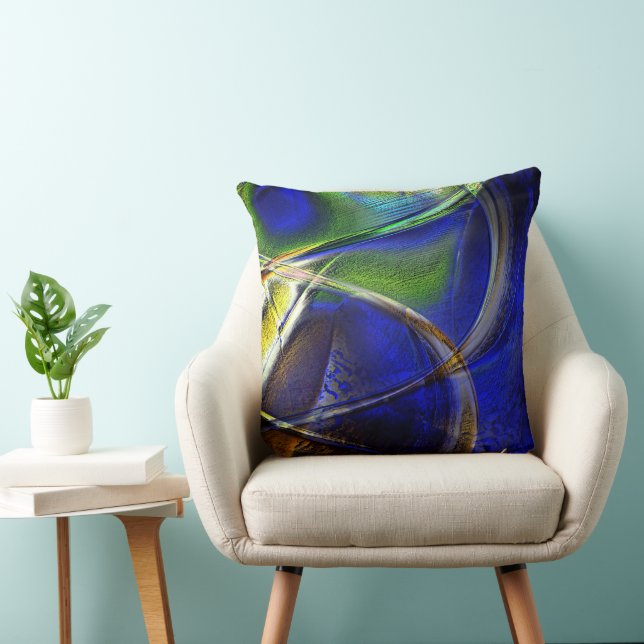 Curved strokes over sepia to green and blue rind cushion (Chair)