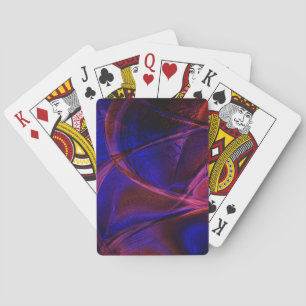 Curved strokes over startling red and blue crust playing cards