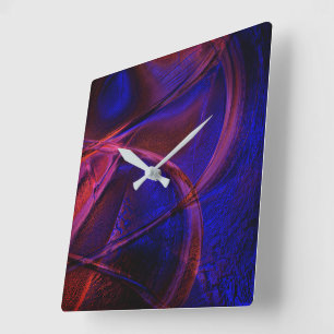 Curved strokes over startling red and blue crust square wall clock