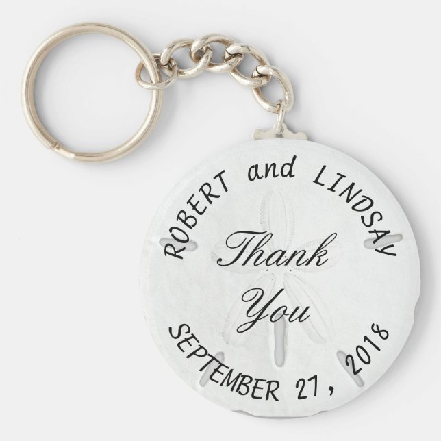 Curved Text Sand Dollar Wedding Favour Key Ring (Front)