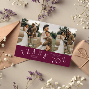 Curved Typography Cranberry Wedding Multi Photo Thank You Card