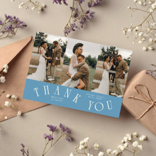 Curved Typography Denim Blue Wedding Multi Photo Thank You Card