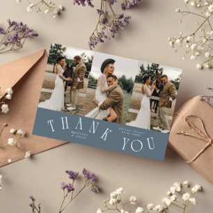 Curved Typography Slate Blue Wedding Multi Photo Thank You Card