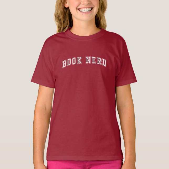 Curved Varsity Style Book Nerd T-Shirt (Front)
