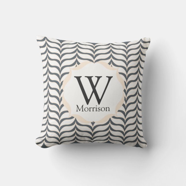 Curved White Cream Chevrons Pattern Monogram Cushion (Front)