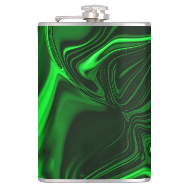 Curves and folds green nickeled on dark background hip flask (Front)
