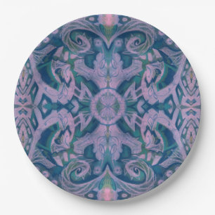 Curves & Lotuses, abstract floral, lavender & blue Paper Plate