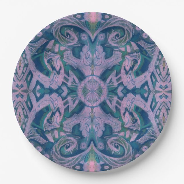 Curves & Lotuses, abstract floral, lavender & blue Paper Plate (Front)
