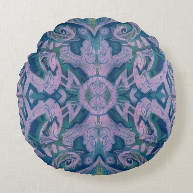 Curves & Lotuses, abstract floral, lavender & blue Round Cushion (Front)