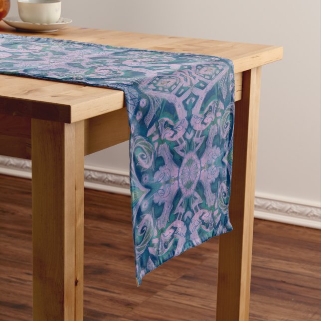 Curves & Lotuses, abstract pattern lavender & blue Short Table Runner (In Situ)
