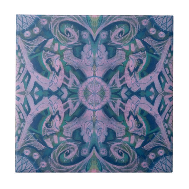 Curves & Lotuses, abstract pattern lavender & blue Tile (Front)
