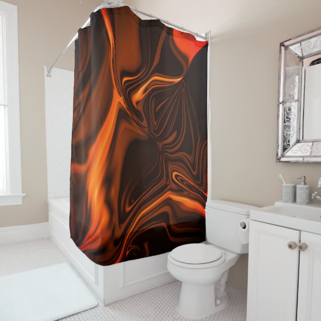 Curves or undulations coral, over dark fund shower curtain (In Situ)