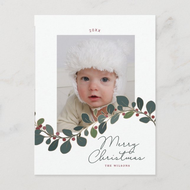 Curving Berry Leaf spray photo Christmas Holiday Postcard (Front)