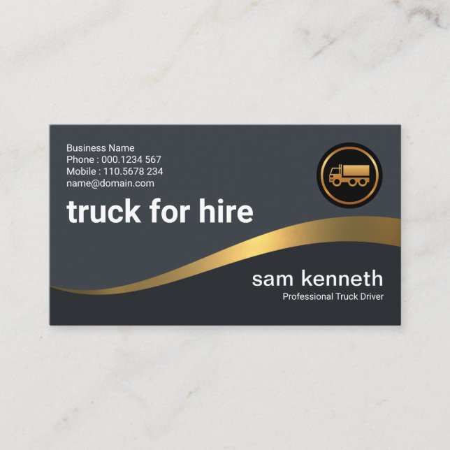 Curving Faux Gold Wave Elegant Grey Truck Driver Business Card (Front)