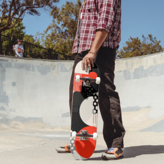 Curving shapes in red, grey and black skateboard