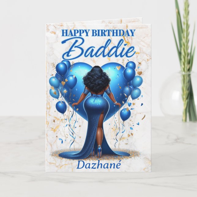 Curvy African American Woman Blue Glam Birthday Card (Front)