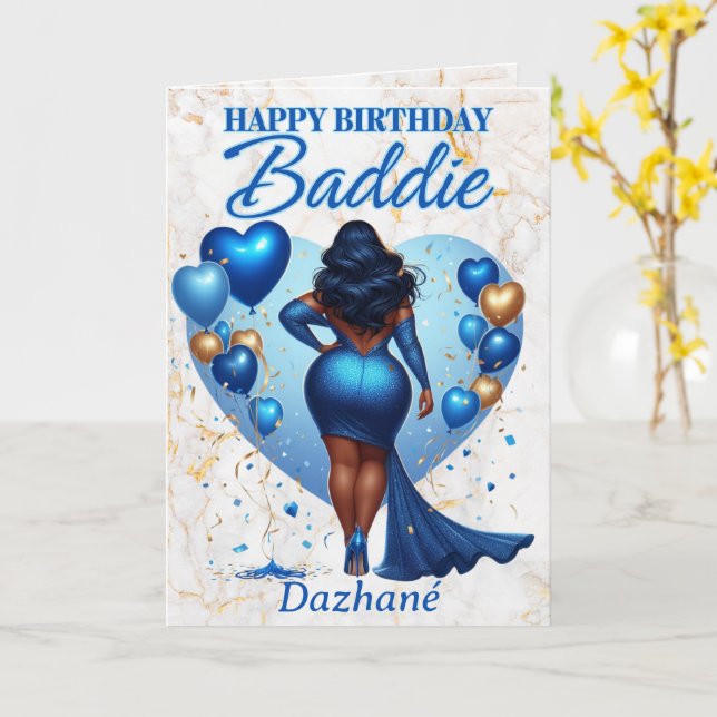 Curvy African American Woman Blue Glam Birthday Card (Yellow Flower)