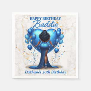 Curvy African American Woman Blue Glam Birthday  Napkin