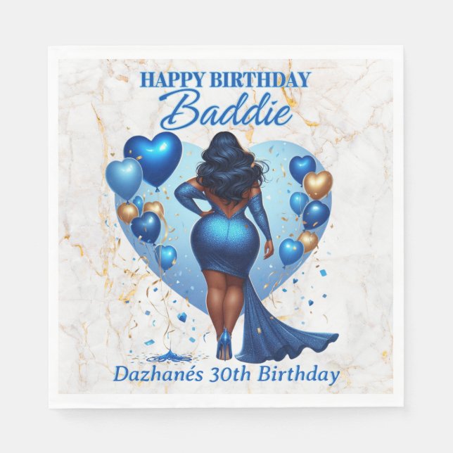 Curvy African American Woman Blue Glam Birthday  Napkin (Front)