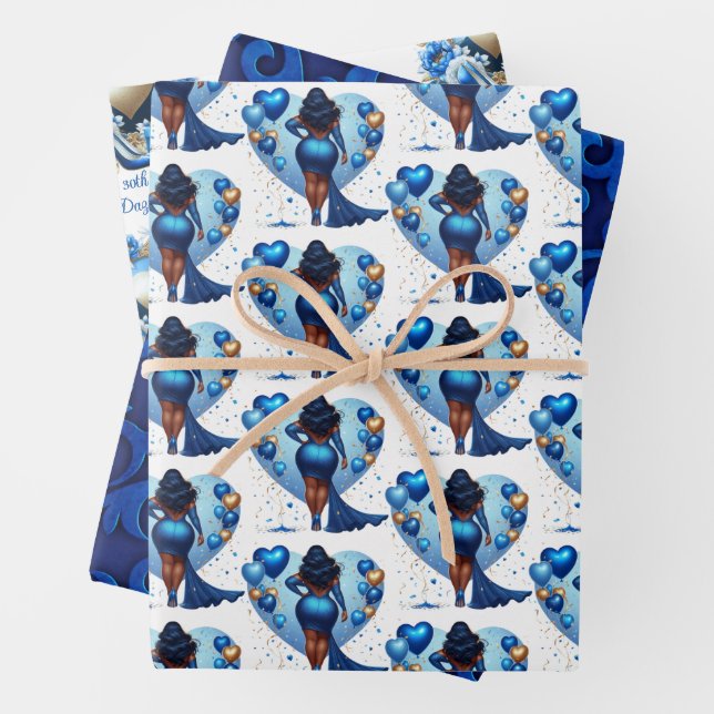 Curvy African American Woman Glam Blue Birthday Wrapping Paper Sheet (In situ)