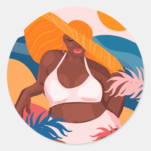 Curvy Black Woman, Beach Vacation Ready Classic Round Sticker (Front)