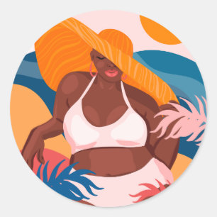 Curvy Black Woman, Beach Vacation Ready Classic Round Sticker