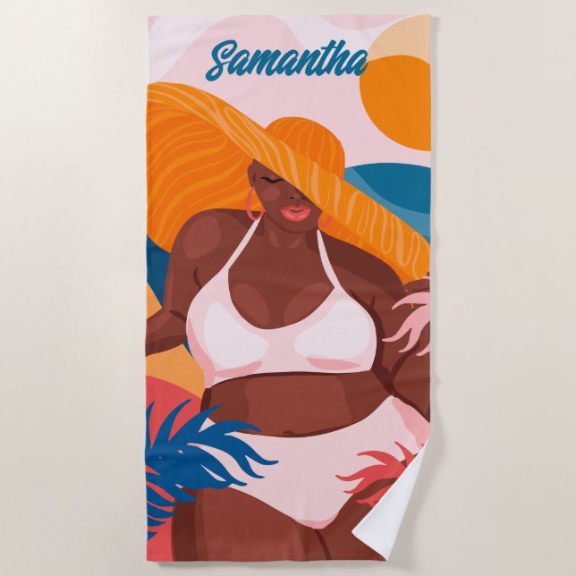 Curvy Black Woman, Beach Vacation Ready, Name Beach Towel (Front)