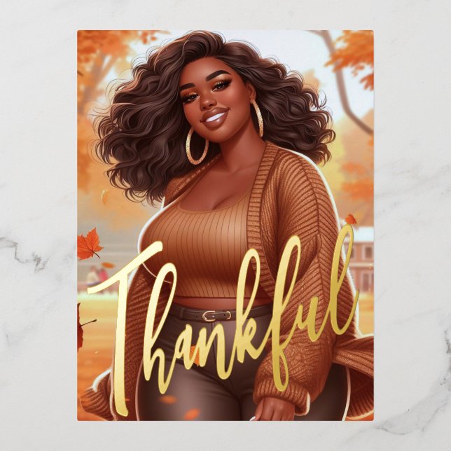 Curvy Black Woman Fall Bliss Thanksgiving Foil Holiday Postcard (Front)