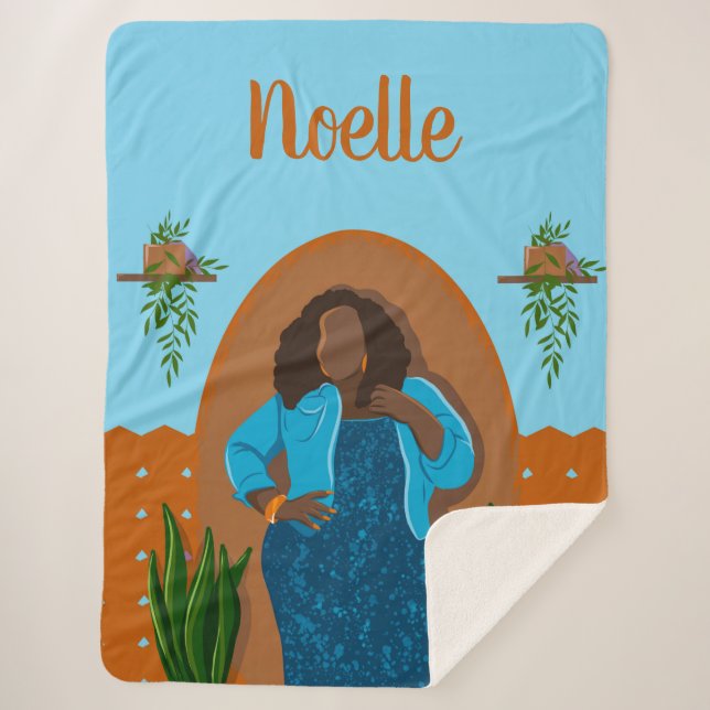 Curvy, Black Woman, Houseplants, Orange & Blue Sherpa Blanket (Front)